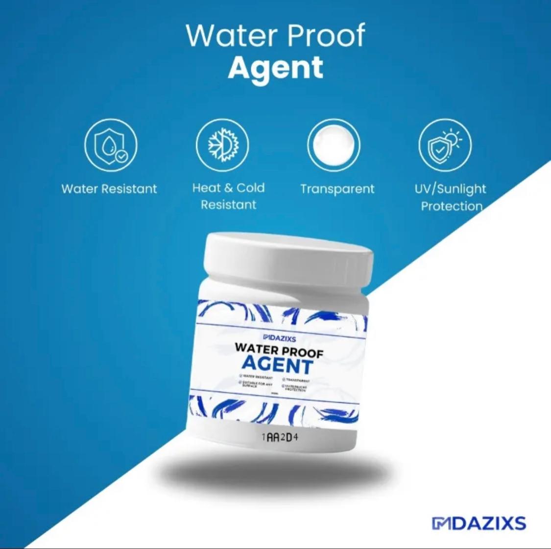 Waterproof agent container with features on a blue background